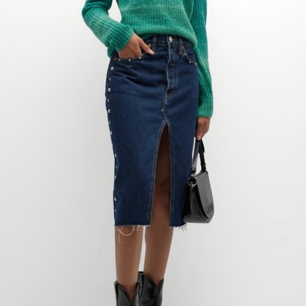 Re/Done Heritage Rinse Dark Blue Stud Midi Raw Hem High Slit Denim Skirt